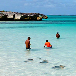 Caribbean Holidays, Aruba Beach Holidays, Visitors snorkelling in clear Caribbean water near Aruba, colourful fish and rocky coastline in the background
