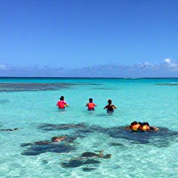 Caribbean Holidays, Aruba Beach Holidays, Visitors snorkelling in clear Caribbean water near Aruba, colourful fish, coral reef and sunny blue sky