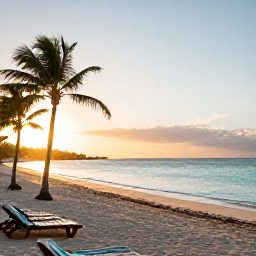Caribbean Holidays, Aruba Beach Holidays, Wide sandy beach in Aruba at sunrise, calm turquoise Caribbean Sea, soft April light, a few palm trees and sun loungers