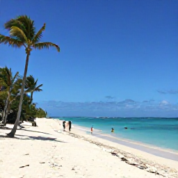 Caribbean Holidays, Aruba Beach Holidays, Wide white-sand beach in Aruba at midday, calm turquoise Caribbean water, relaxed travellers and swaying divi-divi trees
