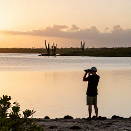 Caribbean Holidays, Aruba Birdwatching, A birdwatcher with binoculars beside Aruba's calm coastal wetlands at sunrise, with tropical birds and cacti in the distance
