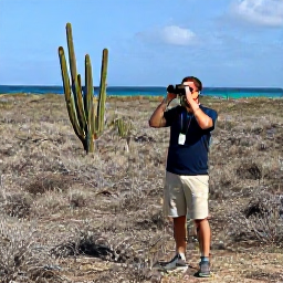 Caribbean Holidays, Aruba Birdwatching, A friendly local birdwatching guide leading visitors through Aruba's dry landscape, with binoculars, cacti and distant turquoise sea