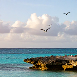 Caribbean Holidays, Aruba Birdwatching, A quiet Aruban coastline with seabirds flying above turquoise water and rocky shore during a May morning