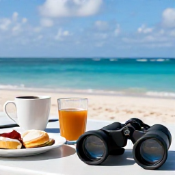Caribbean Holidays, Aruba Birdwatching, A relaxed outdoor breakfast near an Aruban beach after a morning of birdwatching, binoculars resting on a table