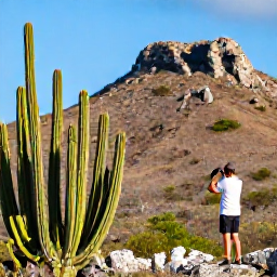 Caribbean Holidays, Aruba Birdwatching, Arikok National Park landscape with a birdwatcher viewing wildlife beside cacti and rocky hills