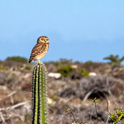 Caribbean Holidays, Aruba Birdwatching, Aruban burrowing owl perched near a cactus in a dry national park landscape, clear blue sky
