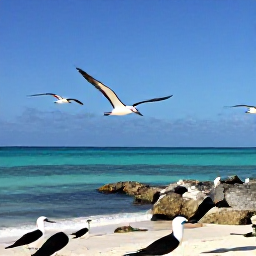 Caribbean Holidays, Aruba Birdwatching, Aruban coastline with seabirds flying above rocky shore and turquoise Caribbean water under bright June sunshine