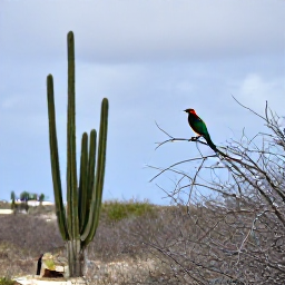 Caribbean Holidays, Aruba Birdwatching, Aruban countryside with tall cacti, dry scrub and a colourful tropical bird perched on a branch