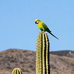 Caribbean Holidays, Aruba Birdwatching, Aruban parakeet perched on a cactus against a clear blue sky, with dry island hills in the background