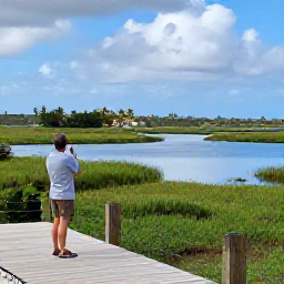 Caribbean Holidays, Aruba Birdwatching, Aruba's Bubali Bird Sanctuary with wetland pools, reeds, palm trees and a birder observing wildlife from a quiet viewpoint