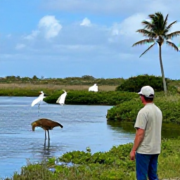 Caribbean Holidays, Aruba Birdwatching, Birdwatcher beside peaceful Bubali Bird Sanctuary wetlands with herons, egrets and palms