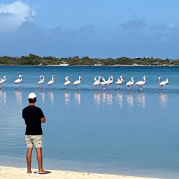 Caribbean Holidays, Aruba Birdwatching, Birdwatcher observing flamingos and waterbirds beside a calm Caribbean lagoon in Aruba
