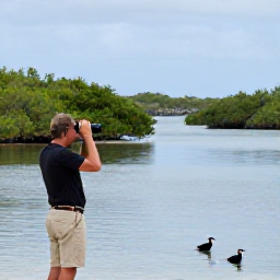 Caribbean Holidays, Aruba Birdwatching, Birdwatcher using binoculars beside a calm Caribbean lagoon in Aruba, surrounded by mangroves and waterbirds