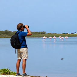 Caribbean Holidays, Aruba Birdwatching, Birdwatcher using binoculars beside a calm wetland in Aruba, with flamingos and wading birds in the distance