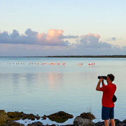 Caribbean Holidays, Aruba Birdwatching, Birdwatcher using binoculars beside a quiet Aruban lagoon at dawn, with flamingos and wading birds in the distance