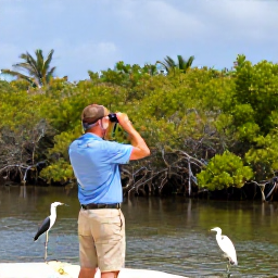 Caribbean Holidays, Aruba Birdwatching, Birdwatcher using binoculars beside a quiet mangrove lagoon in Aruba, with herons, egrets and tropical vegetation