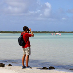 Caribbean Holidays, Aruba Birdwatching, Birdwatcher using binoculars beside a shallow lagoon in Aruba, with flamingos and wading birds in the distance