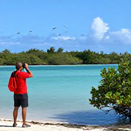 Caribbean Holidays, Aruba Birdwatching, Birdwatchers using binoculars beside a peaceful Aruban lagoon surrounded by mangroves