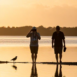 Caribbean Holidays, Aruba Birdwatching, Birdwatchers walking beside a calm wetland in Aruba at sunrise, binoculars and field guides, native birds nearby