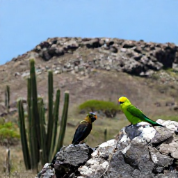 Caribbean Holidays, Aruba Birdwatching, Bright green parakeets and native birds in Aruba&rsquo;s rugged Arikok National Park landscape with cacti and rocky hills