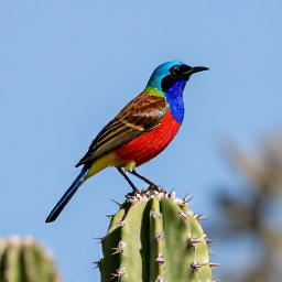 Caribbean Holidays, Aruba Birdwatching, Close-up of an Aruban troupial perched on a cactus, with desert scrub and blue sky in the background
