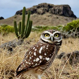 Caribbean Holidays, Aruba Birdwatching, Close-up view of an Aruban burrowing owl among dry grass and cactus, with a rocky national park landscape behind it