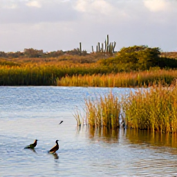 Caribbean Holidays, Aruba Birdwatching, Colourful Caribbean birds in a sunny Aruban wetland at dawn, with calm water, reeds and distant cacti