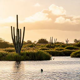 Caribbean Holidays, Aruba Birdwatching, Colourful Caribbean birds in a sunny Aruban wetland at sunrise, with cacti and calm water