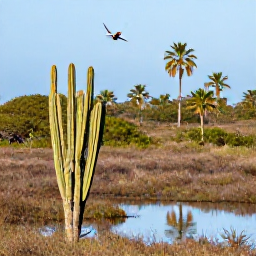Caribbean Holidays, Aruba Birdwatching, Colourful Caribbean birds in a sunny Aruban wetland with cacti, palms and calm blue sky