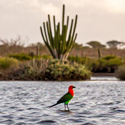 Caribbean Holidays, Aruba Birdwatching, Colourful tropical birds in a calm Aruban wetland at sunrise, with cactus and low scrub in the background