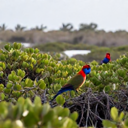 Caribbean Holidays, Aruba Birdwatching, Colourful tropical birds resting among mangroves and low coastal vegetation in Aruba, photographed in soft morning light