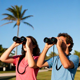 Caribbean Holidays, Aruba Birdwatching, Friendly travellers enjoying a relaxed birdwatching holiday in Aruba, with binoculars, palms and a clear blue Caribbean sky
