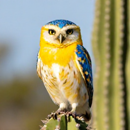 Caribbean Holidays, Aruba Birdwatching Holidays, Aruba's national bird, the bright yellow and blue Aruban burrowing owl, perched near a cactus