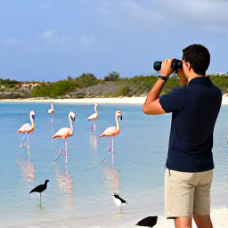 Caribbean Holidays, Aruba Birdwatching Holidays, Birdwatchers using binoculars beside a calm lagoon with flamingos and wading birds in Aruba