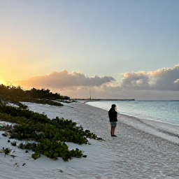 Caribbean Holidays, Aruba Birdwatching, Quiet Aruba beach at sunrise with a birdwatcher walking near dunes and low coastal vegetation