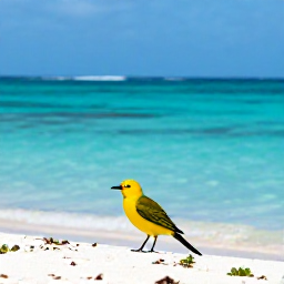 Caribbean Holidays, Aruba Birdwatching, Relaxed birdwatcher photographing a bright Caribbean bird near an Aruba beach, turquoise sea in the background