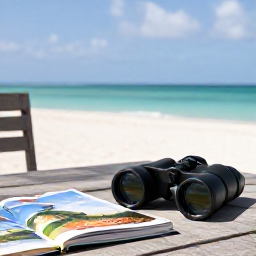 Caribbean Holidays, Aruba Birdwatching, Relaxed birdwatching holiday scene in Aruba, with binoculars, a field guide and a shaded outdoor table overlooking the coast