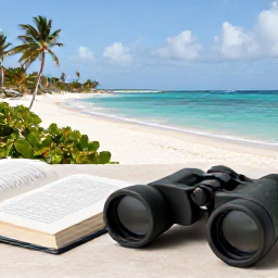 Caribbean Holidays, Aruba Birdwatching, Relaxed birdwatching holiday scene in Aruba, with binoculars, field guide and tropical landscape near the sea