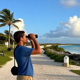 Caribbean Holidays, Aruba Birdwatching, Relaxed travellers enjoying a quiet birdwatching morning in Aruba, with binoculars, a sandy path, palms and Caribbean sea