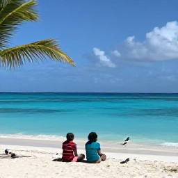 Caribbean Holidays, Aruba Birdwatching, Relaxed travellers watching birds from a quiet Aruban beach after a morning nature walk, with turquoise sea and palms