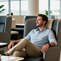 Caribbean Holidays, Aruba Business Class, A business class traveller relaxing in a comfortable airport lounge before a flight to Aruba