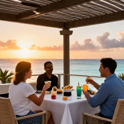 Caribbean Holidays, Aruba Business Class, A stylish beachfront hotel terrace in Aruba with guests enjoying sunset drinks and ocean views
