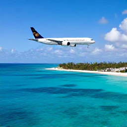 Caribbean Holidays, Aruba Business Class, An aircraft approaching Aruba over clear turquoise water, white beaches and the island coastline