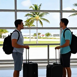 Caribbean Holidays, Aruba Business Class, Aruba airport arrival with friendly travellers, luggage and tropical palm trees visible outside, bright welcoming Caribbean atmosphere