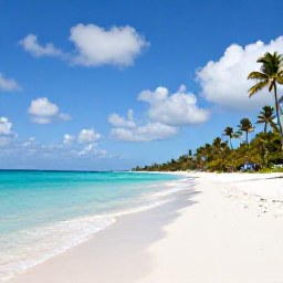 Caribbean Holidays, Aruba Business Class, Aruba beach in March with calm turquoise sea, white sand, palm trees and bright blue sky