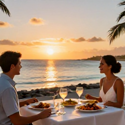 Caribbean Holidays, Aruba Business Class, Aruba sunset dinner beside the sea with fresh seafood, elegant outdoor tables and warm golden light