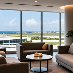 Caribbean Holidays, Aruba Business Class, Bright modern airport lounge with comfortable seating, refreshments and views across an airport runway