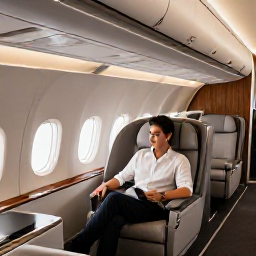 Caribbean Holidays, Aruba Business Class, Business class cabin on a modern aircraft, comfortable seats, warm lighting and a traveller beginning a holiday to Aruba