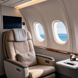 Caribbean Holidays, Aruba Business Class, Business-class cabin on a modern aircraft flying towards Aruba, comfortable seats, tropical sunlight and a relaxed premium travel atmosphere