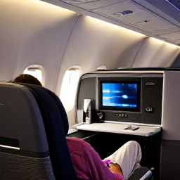 Caribbean Holidays, Aruba Business Class, Business class passenger relaxing in a comfortable aircraft seat, elegant cabin lighting, Caribbean holiday anticipation